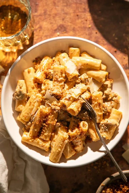 Creamy Pumpkin Alfredo Rigatoni with Spicy Sausage