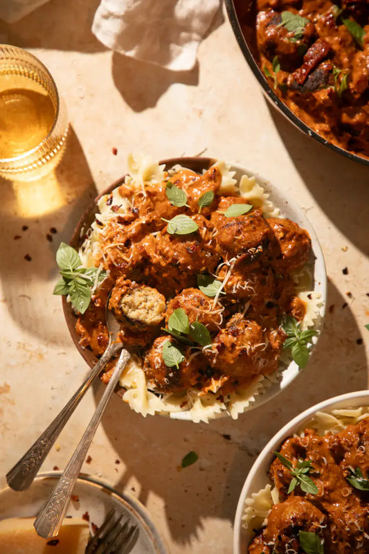 Marry Me Chicken Meatball Pasta with Basil Pesto